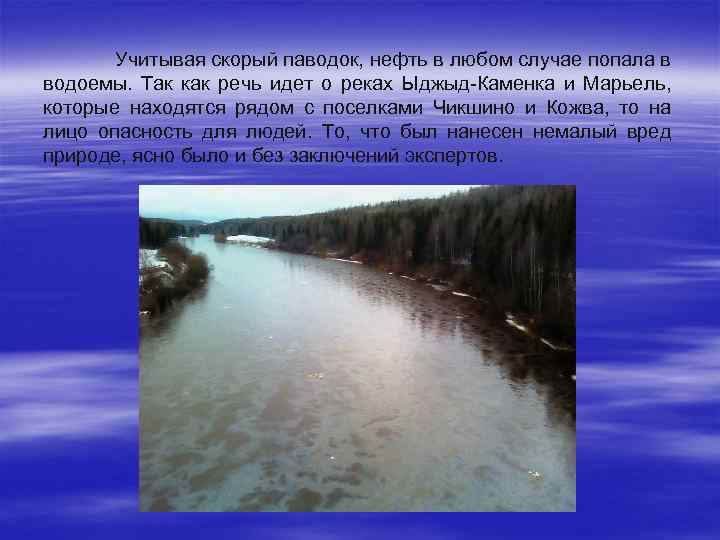 Учитывая скорый паводок, нефть в любом случае попала в водоемы. Так как речь идет