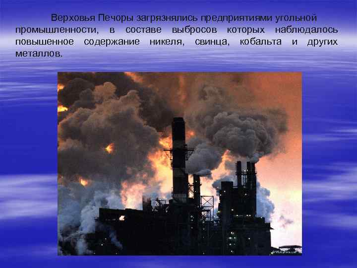 Верховья Печоры загрязнялись предприятиями угольной промышленности, в составе выбросов которых наблюдалось повышенное содержание никеля,