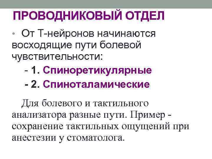 ПРОВОДНИКОВЫЙ ОТДЕЛ • От Т-нейронов начинаются восходящие пути болевой чувствительности: - 1. Спиноретикулярные -
