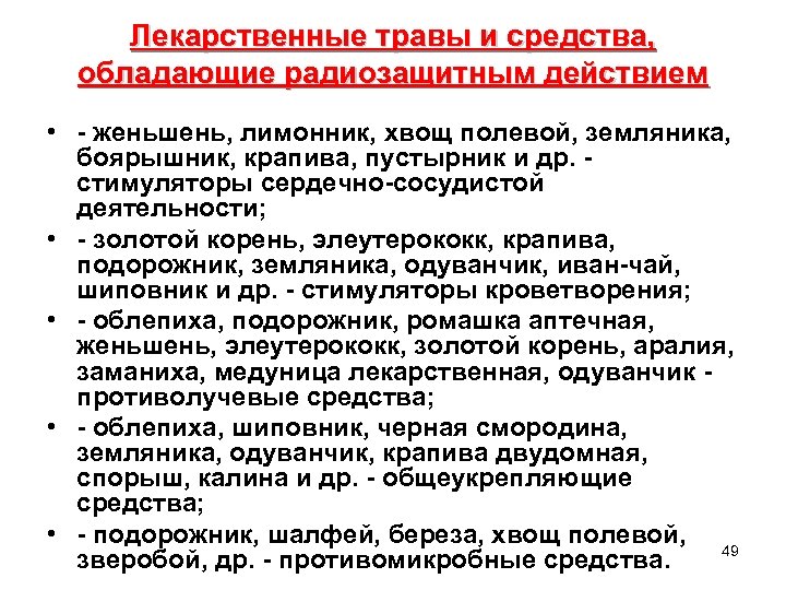 Лекарственные травы и средства, обладающие радиозащитным действием • - женьшень, лимонник, хвощ полевой, земляника,