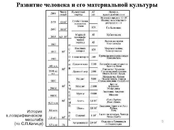 Развитие человека и его материальной культуры История в логарифмическом масштабе (по С. П. Капице)