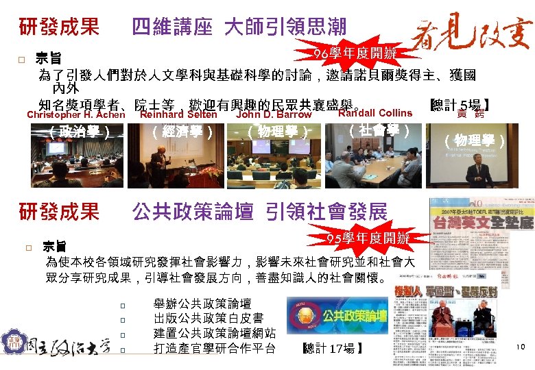 研發成果　 四維講座 大師引領思潮 96學年度開辦 宗旨 為了引發人們對於人文學科與基礎科學的討論，邀請諾貝爾獎得主、獲國 內外 知名獎項學者、院士等，歡迎有興趣的民眾共襄盛舉。 Collins 總計黃 鍔】 【 5場 Randall