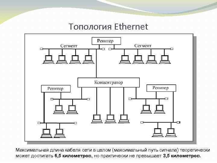 Топология Ethernet Максимальная длина кабеля сети в целом (максимальный путь сигнала) теоретически может достигать