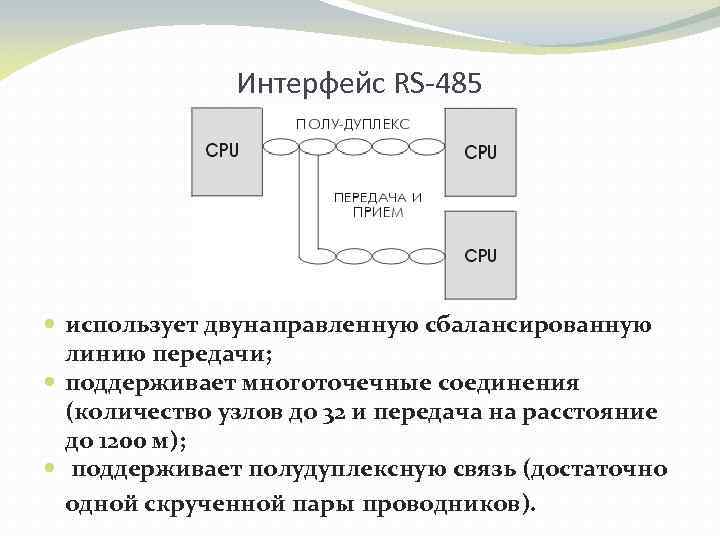 Интерфейс RS-485 использует двунаправленную сбалансированную линию передачи; поддерживает многоточечные соединения (количество узлов до 32