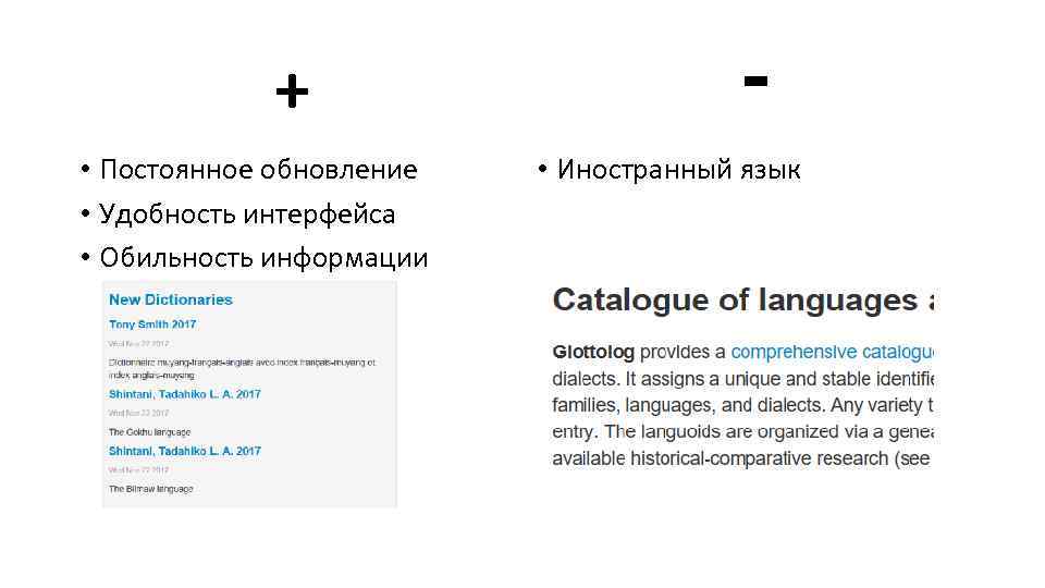 + • Постоянное обновление • Удобность интерфейса • Обильность информации • Иностранный язык 