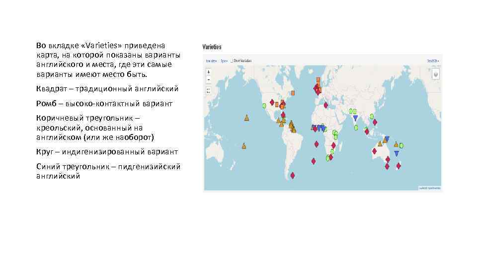 Во вкладке «Varieties» приведена карта, на которой показаны варианты английского и места, где эти