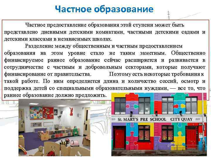 Частное образование Частное предоставление образования этой ступени может быть представлено дневными детскими комнатами, частными
