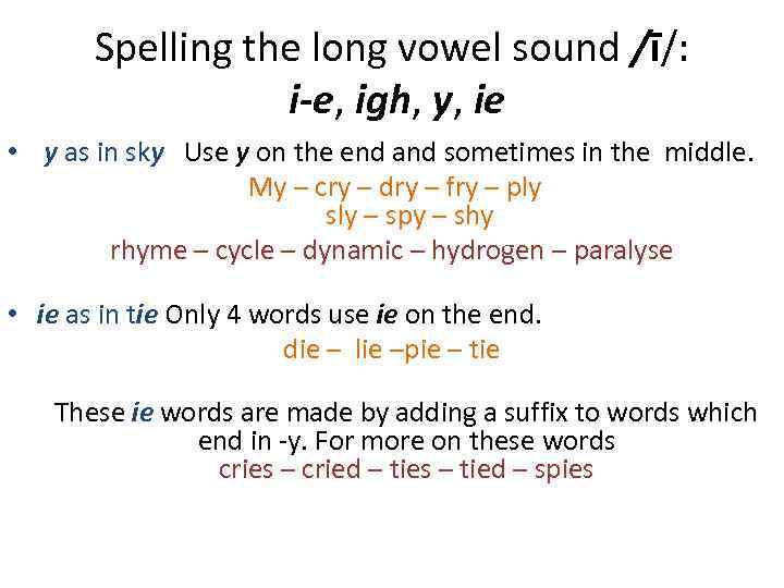 Spelling the long vowel sound /ī/: i-e, igh, y, ie • y as in