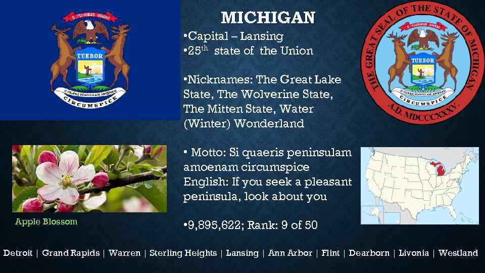 MICHIGAN • Capital – Lansing • 25 th state of the Union • Nicknames: