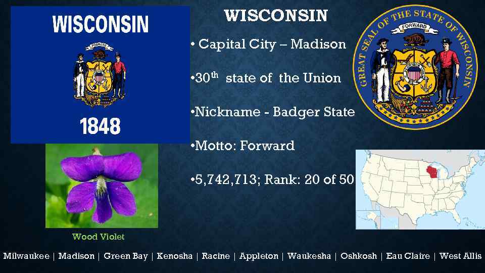 WISCONSIN • Capital City – Madison • 30 th state of the Union •