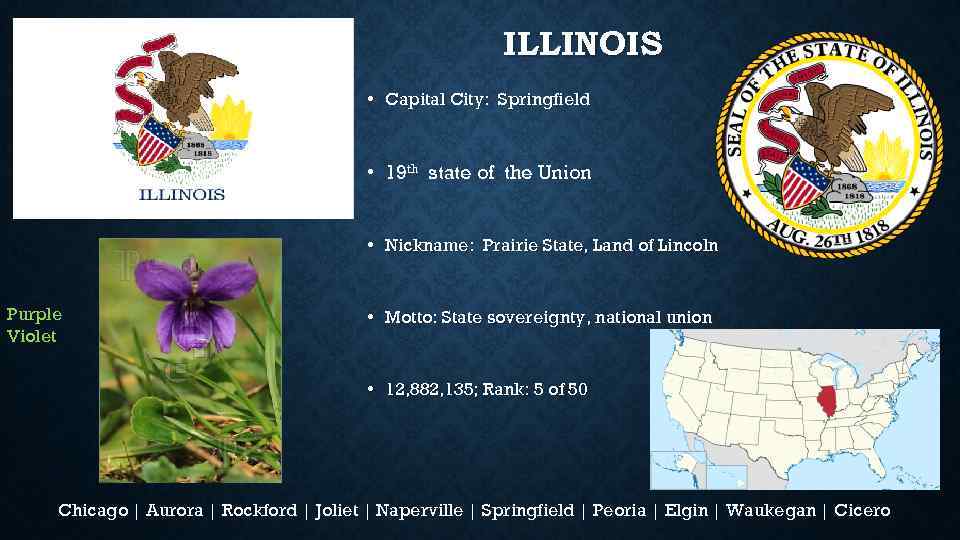 ILLINOIS • Capital City: Springfield • 19 th state of the Union • Nickname: