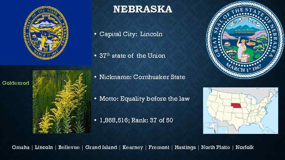NEBRASKA • Capital City: Lincoln • 37 th state of the Union Goldenrod •