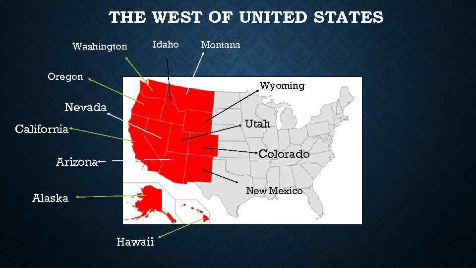 THE WEST OF UNITED STATES Washington Idaho Oregon Montana Wyoming Nevada Utah California Colorado