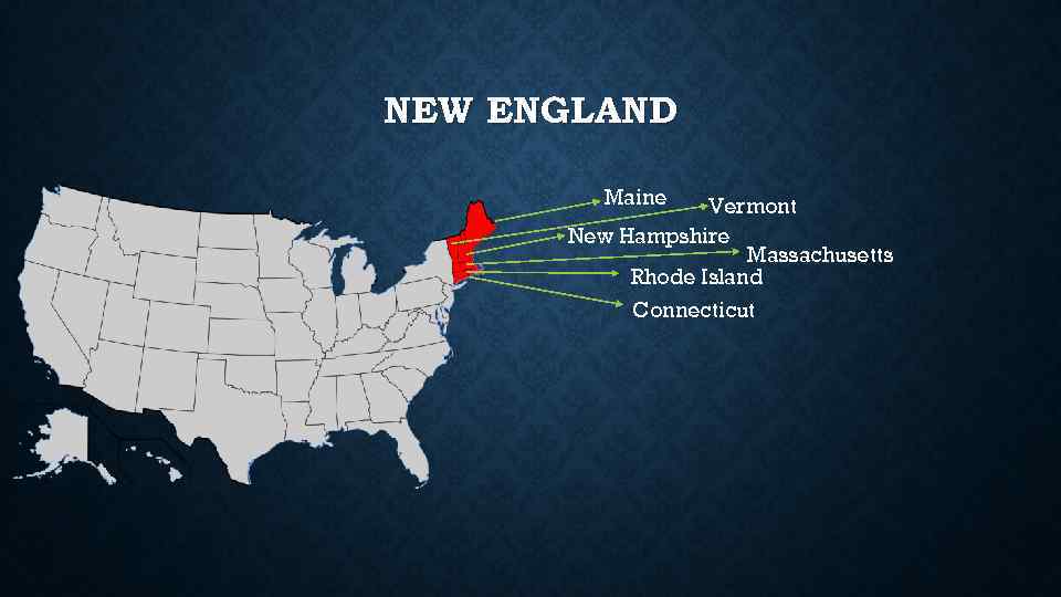 NEW ENGLAND Maine Vermont New Hampshire Massachusetts Rhode Island Connecticut 