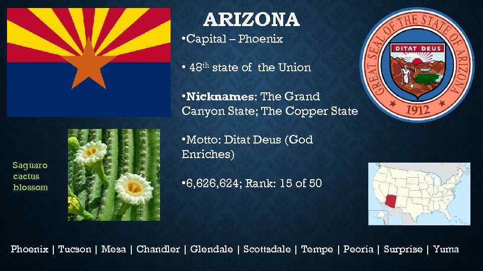 ARIZONA • Capital – Phoenix • 48 th state of the Union • Nicknames: