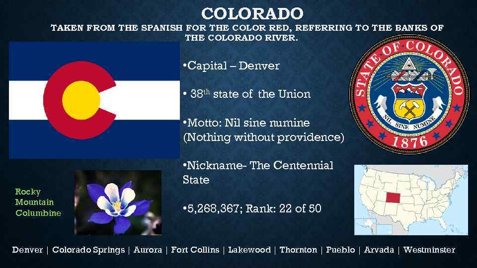 COLORADO TAKEN FROM THE SPANISH FOR THE COLOR RED, REFERRING TO THE BANKS OF