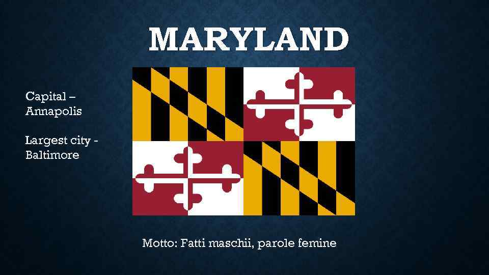 MARYLAND Capital – Annapolis Largest city Baltimore Motto: Fatti maschii, parole femine 