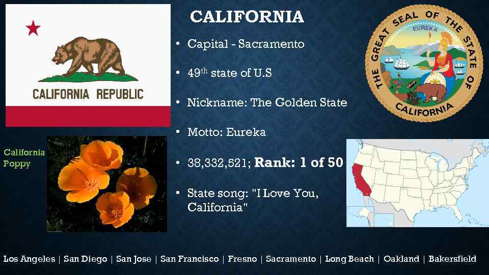 CALIFORNIA • Capital - Sacramento • 49 th state of U. S • Nickname: