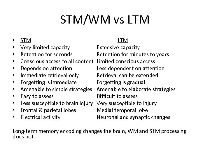 STM/WM vs LTM • • • STM Very limited capacity Retention for seconds Conscious