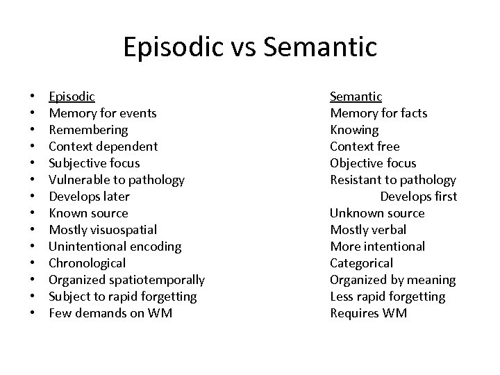 Episodic vs Semantic • • • • Episodic Memory for events Remembering Context dependent