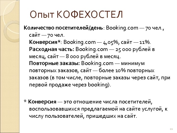 Опыт КОФЕХОСТЕЛ Количество посетителей/день: Booking. com — 70 чел. , сайт — 70 чел.