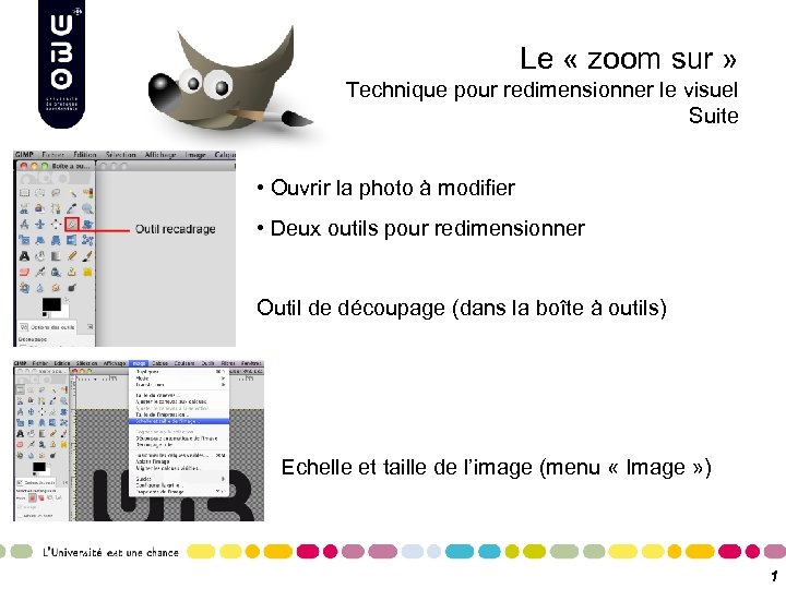 Le « zoom sur » Technique pour redimensionner le visuel Suite • Ouvrir la
