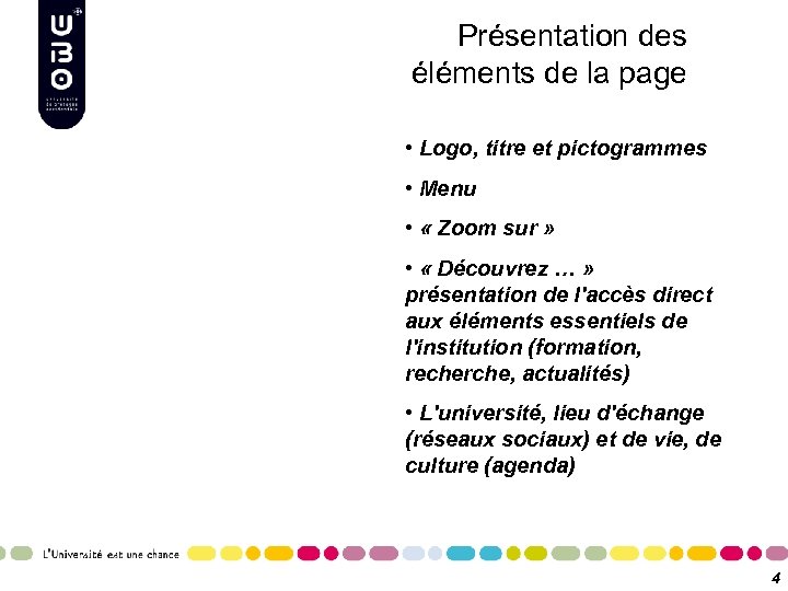 Présentation des éléments de la page • Logo, titre et pictogrammes • Menu •
