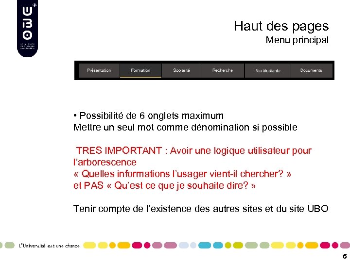 Haut des pages Menu principal • Possibilité de 6 onglets maximum Mettre un seul