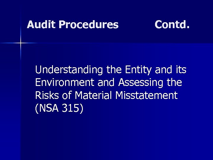 Audit Procedures Contd. Understanding the Entity and its Environment and Assessing the Risks of