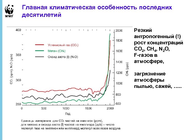 Главная климатическая особенность последних десятилетий Резкий антропогенный (!) рост концентраций СО 2, СН 4,