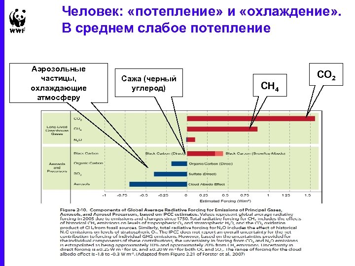 Человек: «потепление» и «охлаждение» . В среднем слабое потепление Аэрозольные частицы, охлаждающие атмосферу Сажа