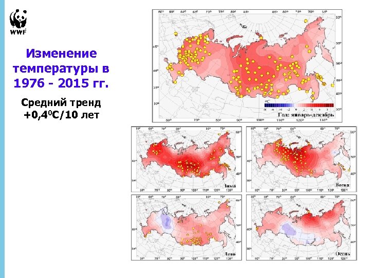 Изменение температуры в 1976 - 2015 гг. Средний тренд +0, 40 С/10 лет 