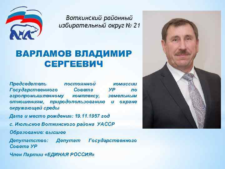 Воткинский районный избирательный округ № 21 ВАРЛАМОВ ВЛАДИМИР СЕРГЕЕВИЧ Председатель постоянной комиссии Государственного Совета