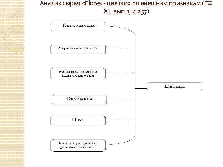 Анализ сырья «Flores - цветки» по внешним признакам (ГФ XI, вып. 1, с. 257)