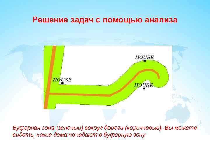 Решение задач с помощью анализа Буферная зона (зеленый) вокруг дороги (коричневый). Вы можете видеть,