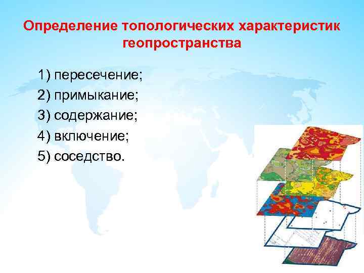 Определение топологических характеристик геопространства 1) пересечение; 2) примыкание; 3) содержание; 4) включение; 5) соседство.