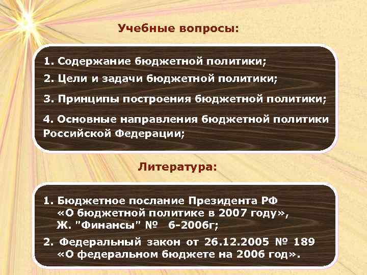 Учебные вопросы: 1. Содержание бюджетной политики; 2. Цели и задачи бюджетной политики; 3. Принципы