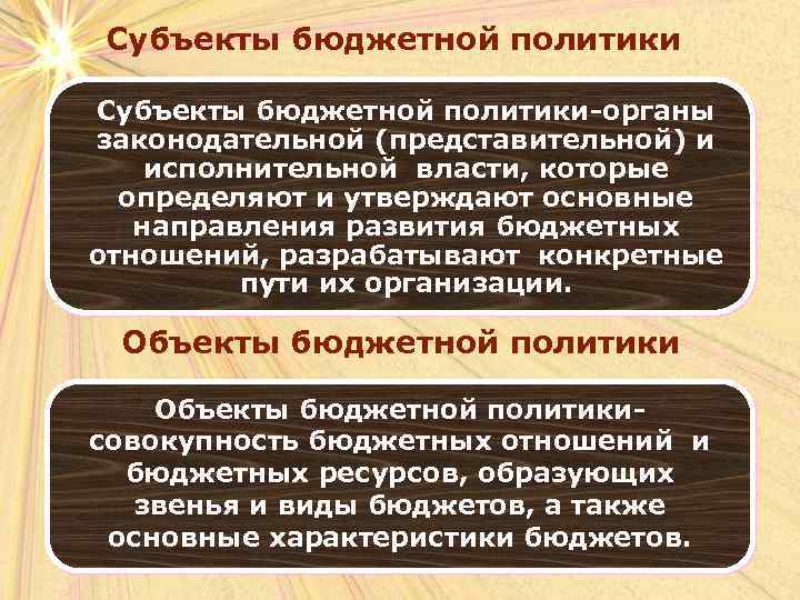 Субъекты бюджетной политики-органы законодательной (представительной) и исполнительной власти, которые определяют и утверждают основные направления