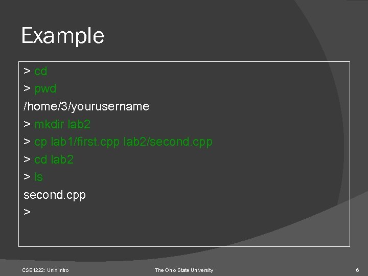 Example > cd > pwd /home/3/yourusername > mkdir lab 2 > cp lab 1/first.