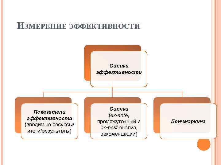 ИЗМЕРЕНИЕ ЭФФЕКТИВНОСТИ Оценка эффективности Показатели эффективности (вводимые ресурсы/ итоги/результаты) Оценки (ex-ante, промежуточный и ex-post