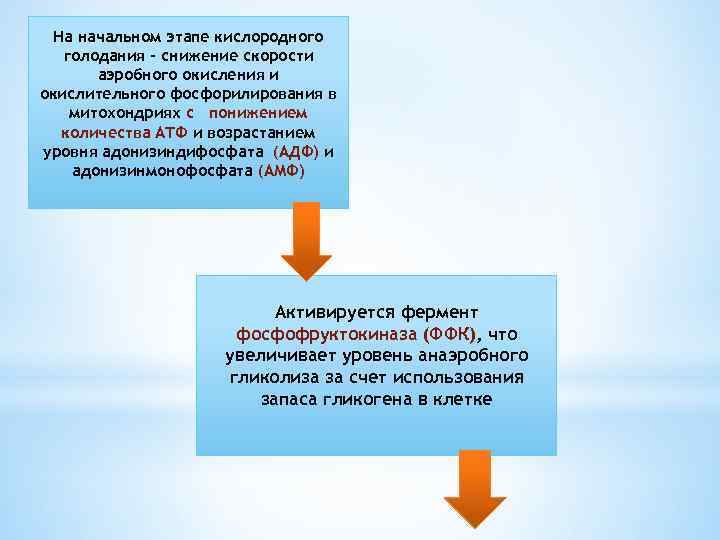 На начальном этапе кислородного голодания - снижение скорости аэробного окисления и окислительного фосфорилирования в