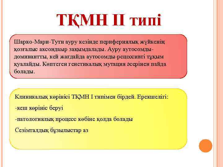 ТҚМН ІІ типі Шарко-Мари-Тути ауру кезінде перифериялық жүйкенің қозғалыс аксондаыр зақымдалады. Ауру аутосомдыдоминантты, кей