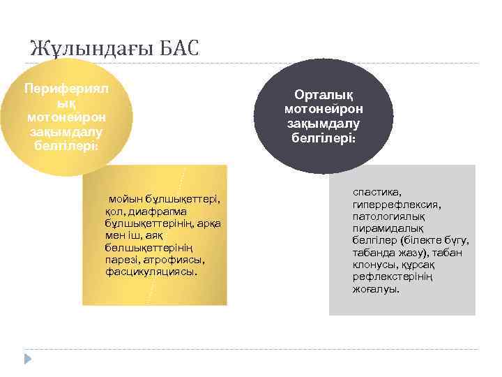 Жұлындағы БАС Перифериял ық мотонейрон зақымдалу белгілері: мойын бұлшықеттері, қол, диафрагма бұлшықеттерінің, арқа мен