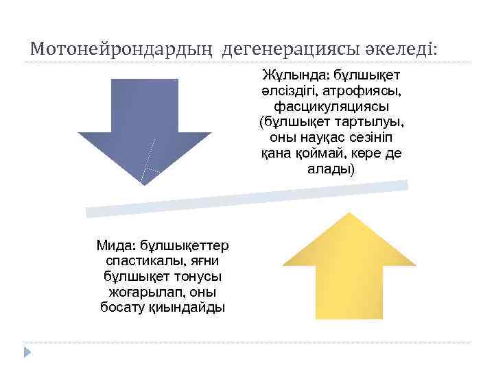Мотонейрондардың дегенерациясы әкеледі: Жұлында: бұлшықет әлсіздігі, атрофиясы, фасцикуляциясы (бұлшықет тартылуы, оны науқас сезініп қана