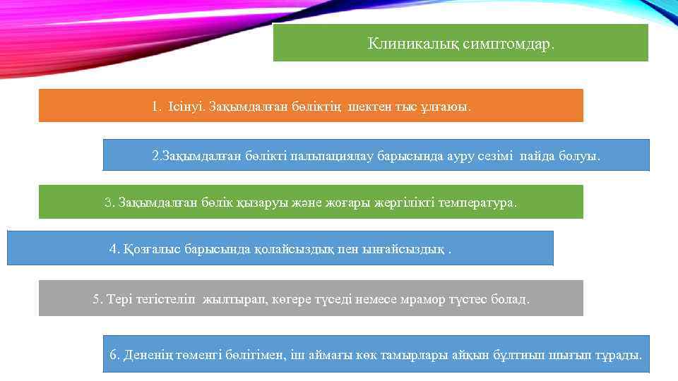 Клиникалық симптомдар. 1. Ісінуі. Зақымдалған бөліктің шектен тыс ұлғаюы. 2. Зақымдалған бөлікті пальпациялау барысында