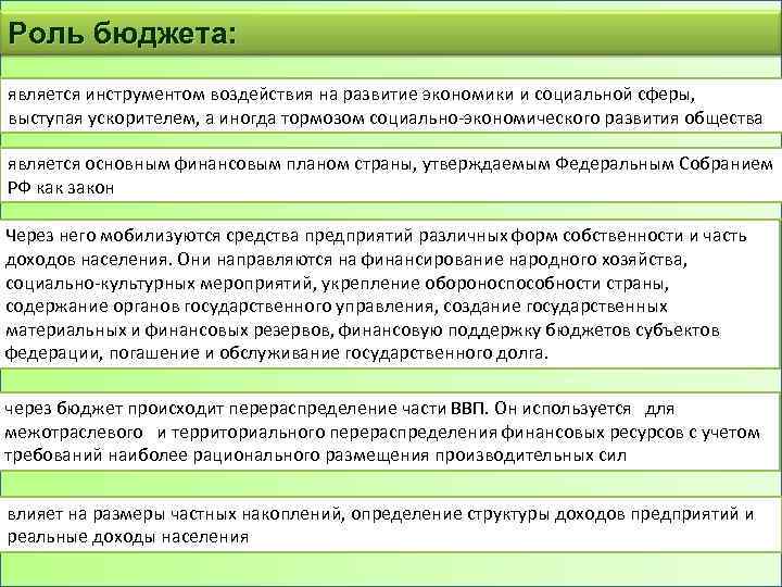 Роль бюджета: является инструментом воздействия на развитие экономики и социальной сферы, выступая ускорителем, а