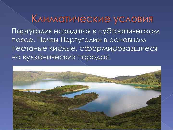 Климатические условия Португалия находится в субтропическом поясе. Почвы Португалии в основном песчаные кислые, сформировавшиеся