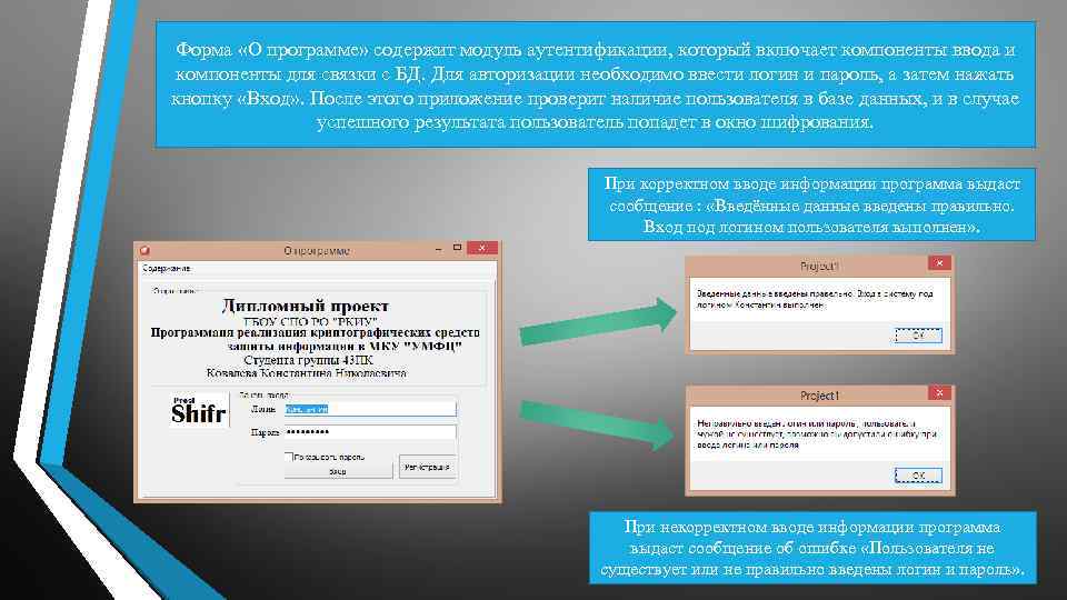 Форма «О программе» содержит модуль аутентификации, который включает компоненты ввода и компоненты для связки
