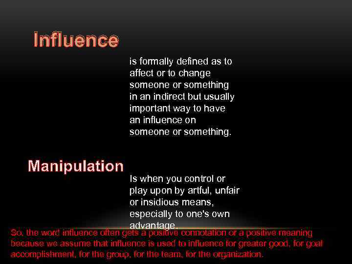 Influence is formally defined as to affect or to change someone or something in