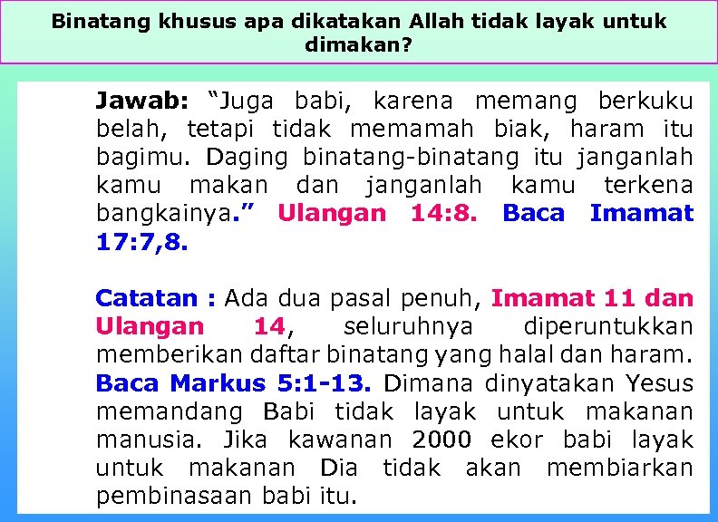 Binatang khusus apa dikatakan Allah tidak layak untuk dimakan? Jawab: “Juga babi, karena memang